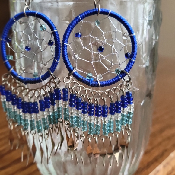 Handmade Blue Beaded Dream Catcher Dangle Earrings, Boho Chic Jewelry - Picture 3 of 4